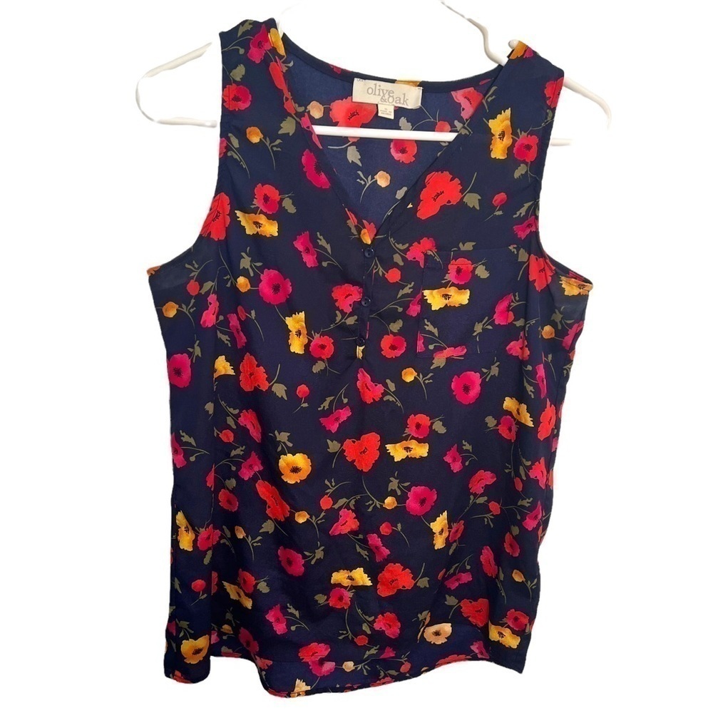 Olive & Oak Women's Sz Small Sleeveless Half Button Blouse Navy Blue Pink Floral